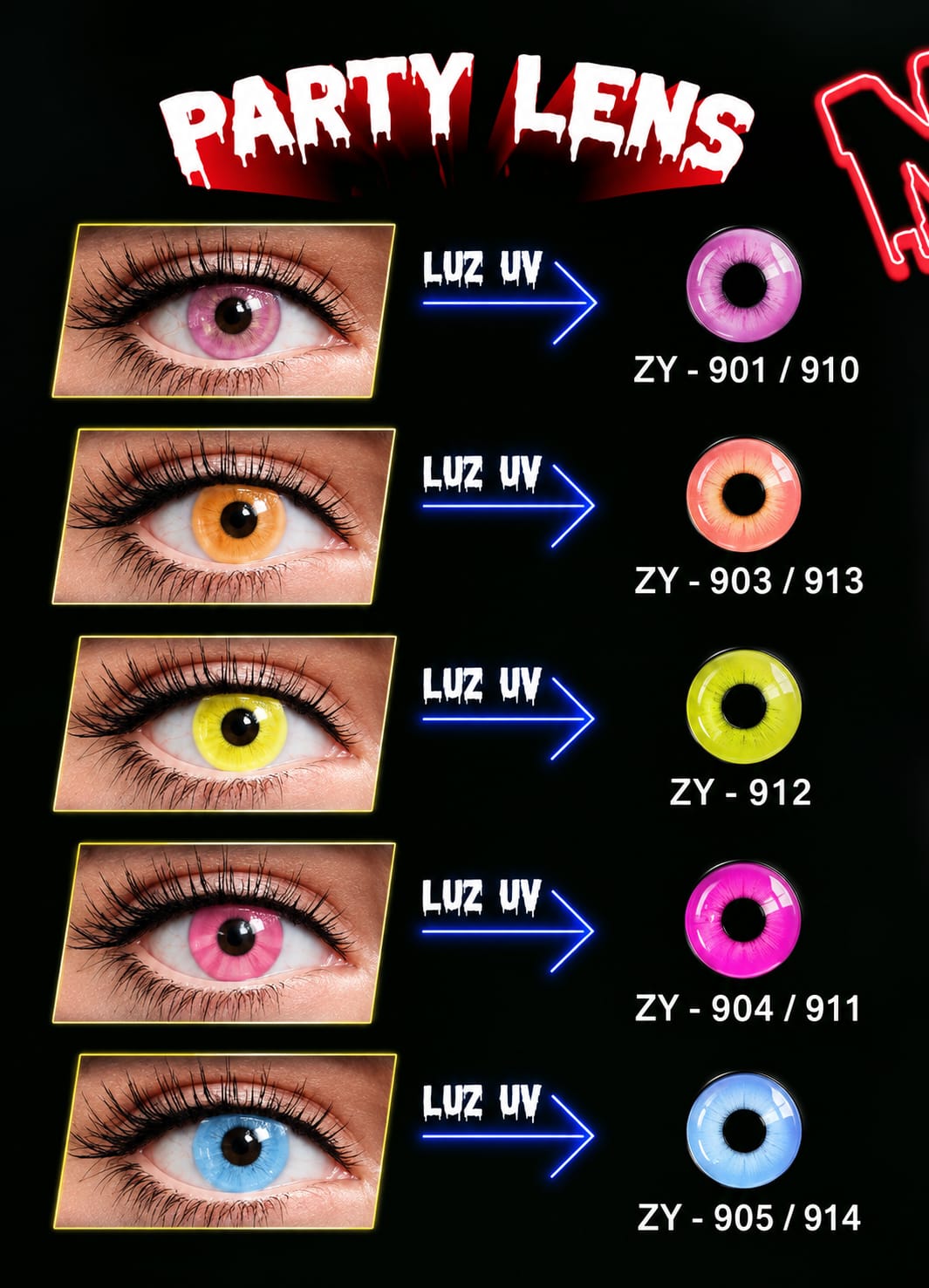 Party Lens Neón bajo luz UV: ZY 901/910, 903/913, 912, 904/911, 905/914